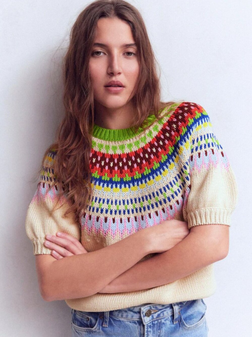 BODEN Margot Fair Isle Puff Sleeve Sweater in Cream